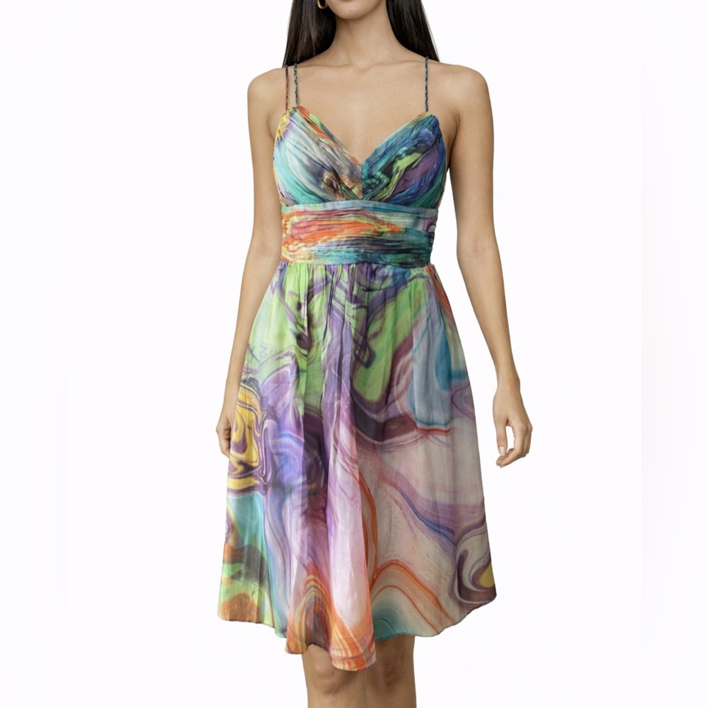 Oleg Cassini Dress 8 OC Braided Strap Rainbow SILK Multicolor Bra Party Wedding